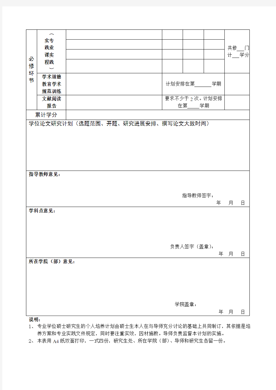 表1：杭州师范大学专业学位硕士研究生个人培养计划