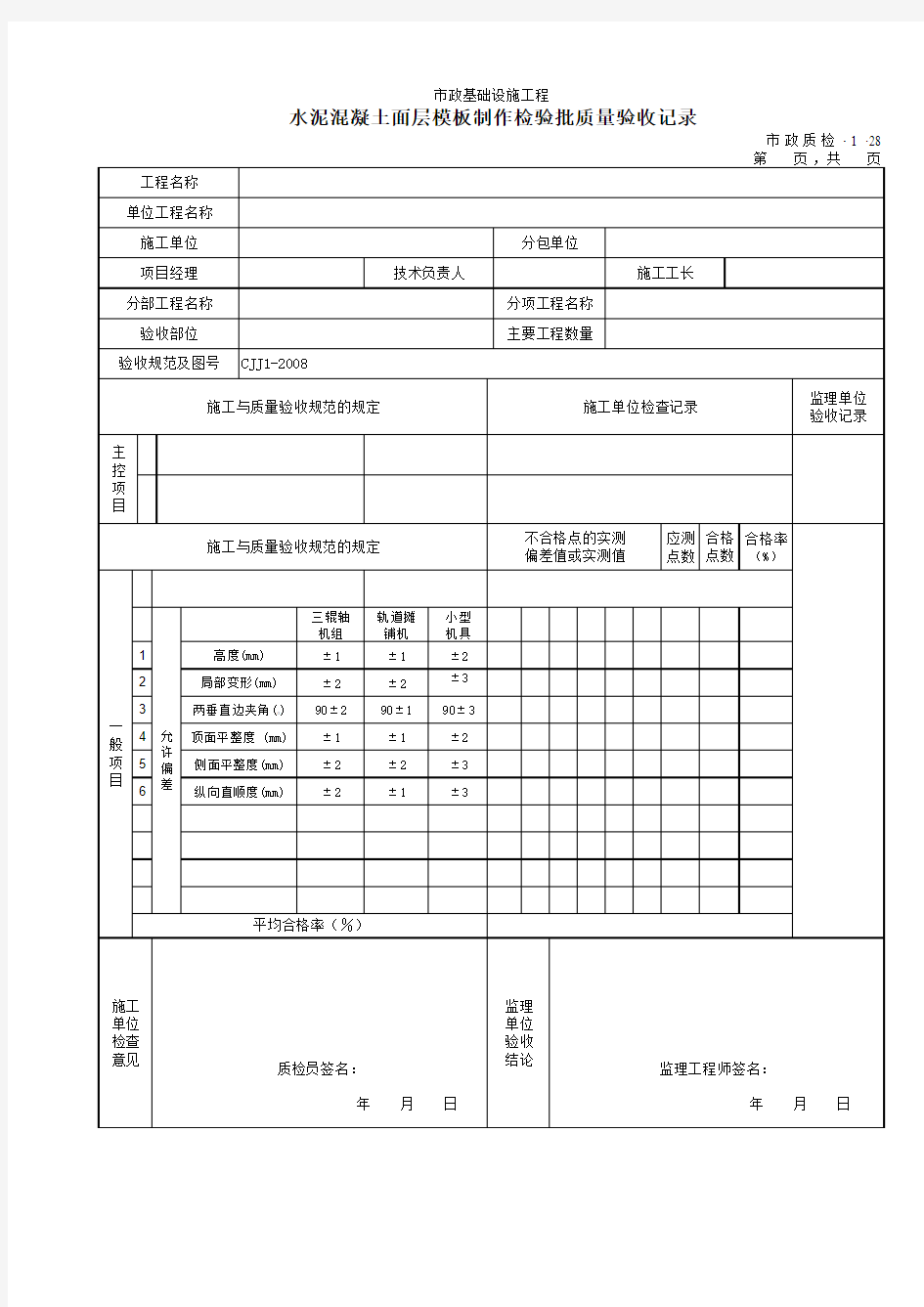 【工程常用表格】水泥混凝土面层模板制作检验批质量验收记录