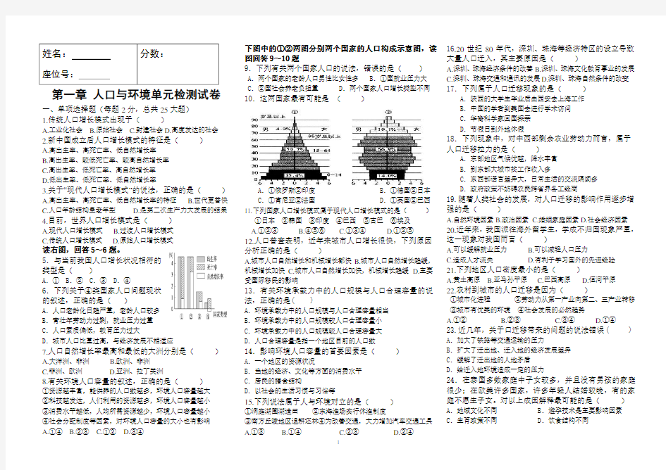 (完整版)第一单元人口与环境试卷