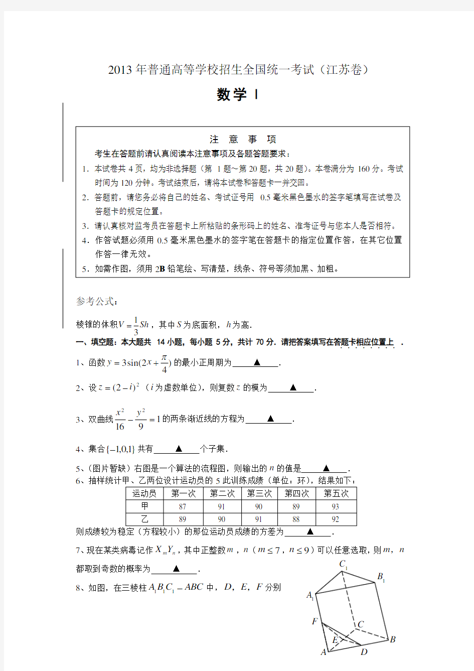 2013年数学高考试题(江苏卷)