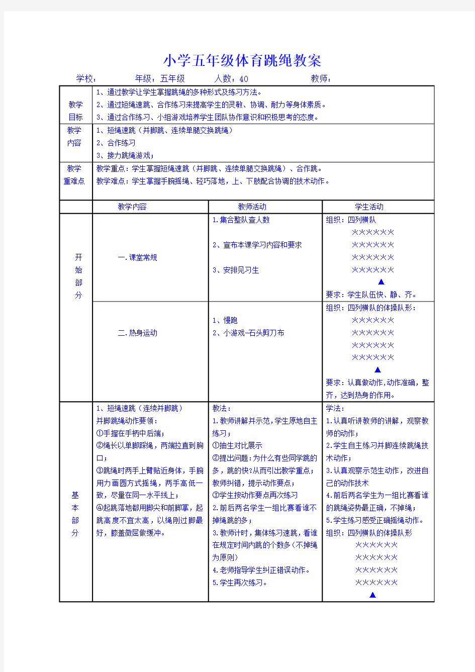 小学五年级体育 跳绳 教案