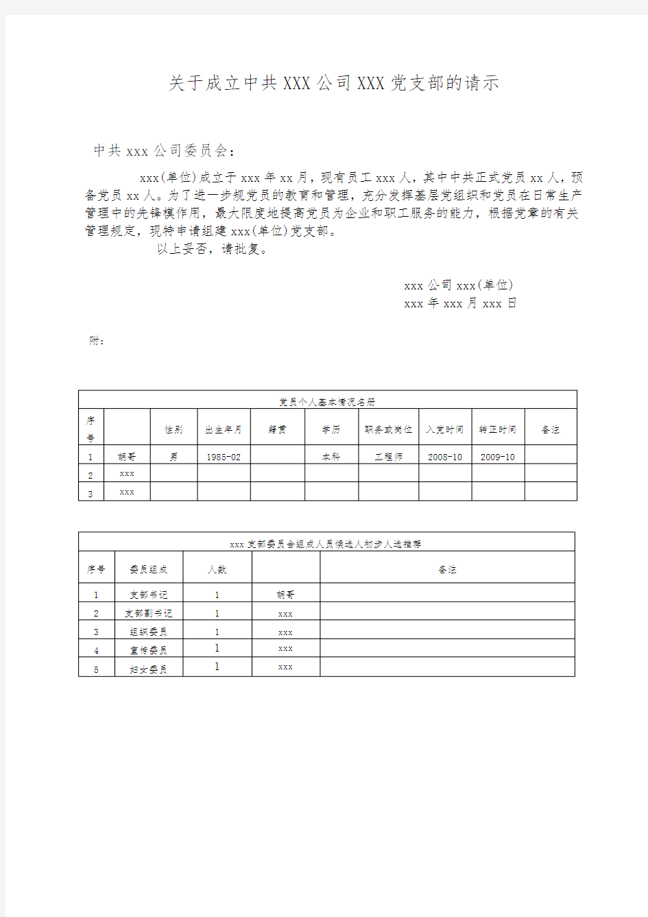 关于组建党支部的请示