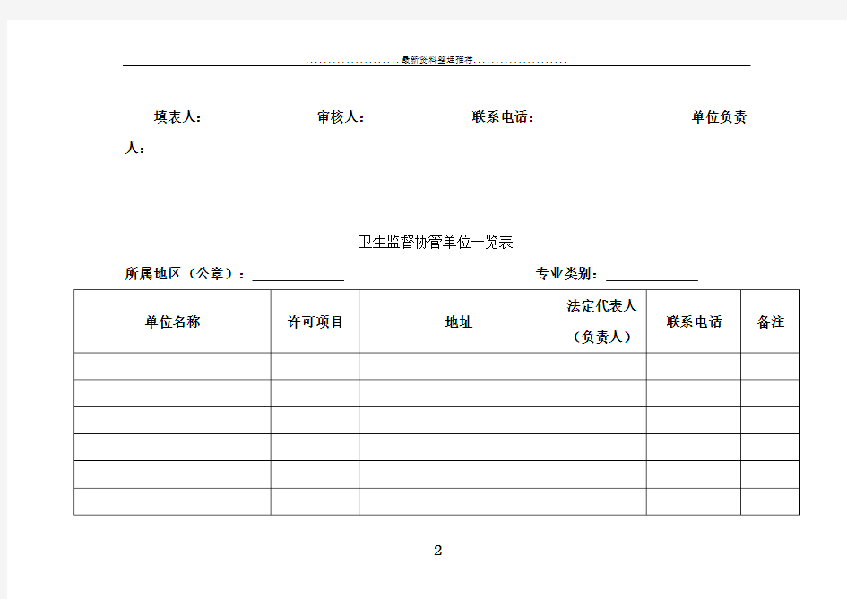 卫生监督协管单位基本情况汇总表