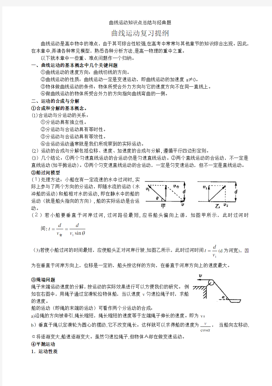 曲线运动知识点总结与经典题