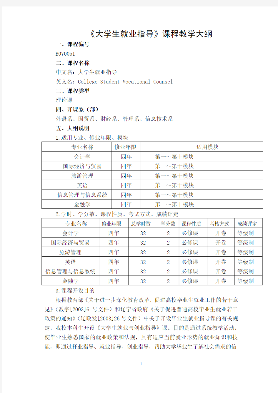 大学生就业指导课程教学大纲