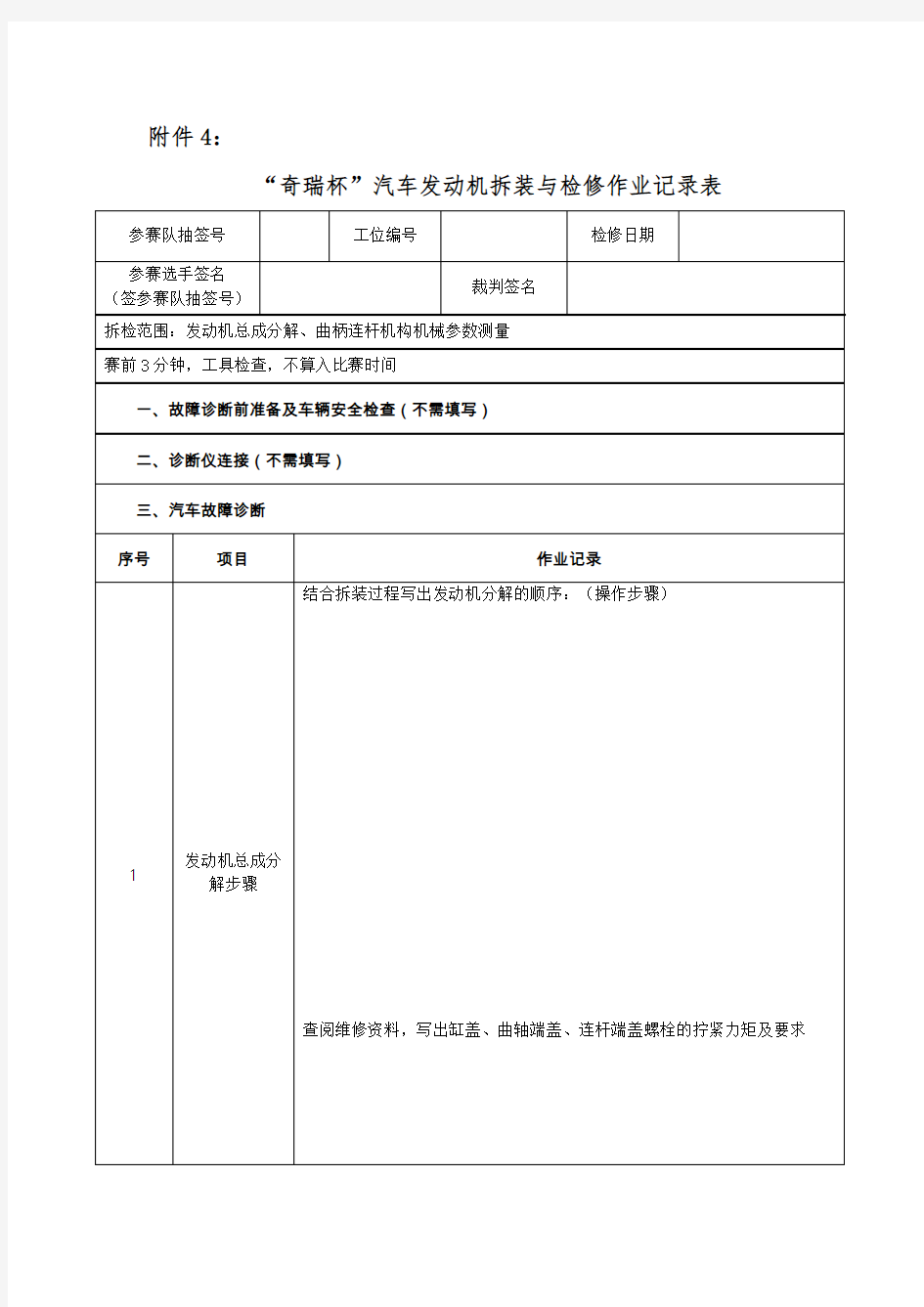 发动机故障诊断作业记录表