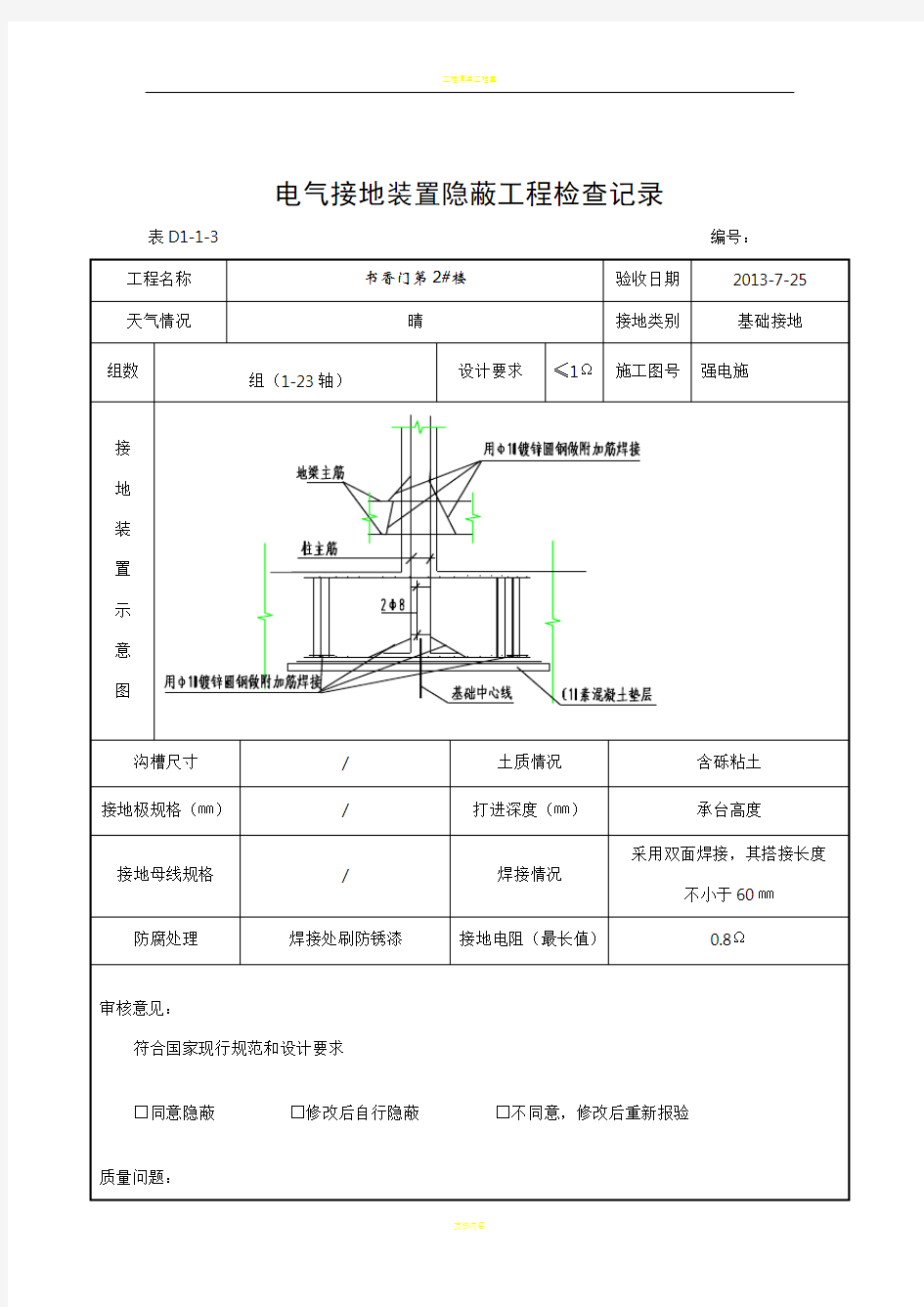 电气接地装置隐蔽工程检查记录