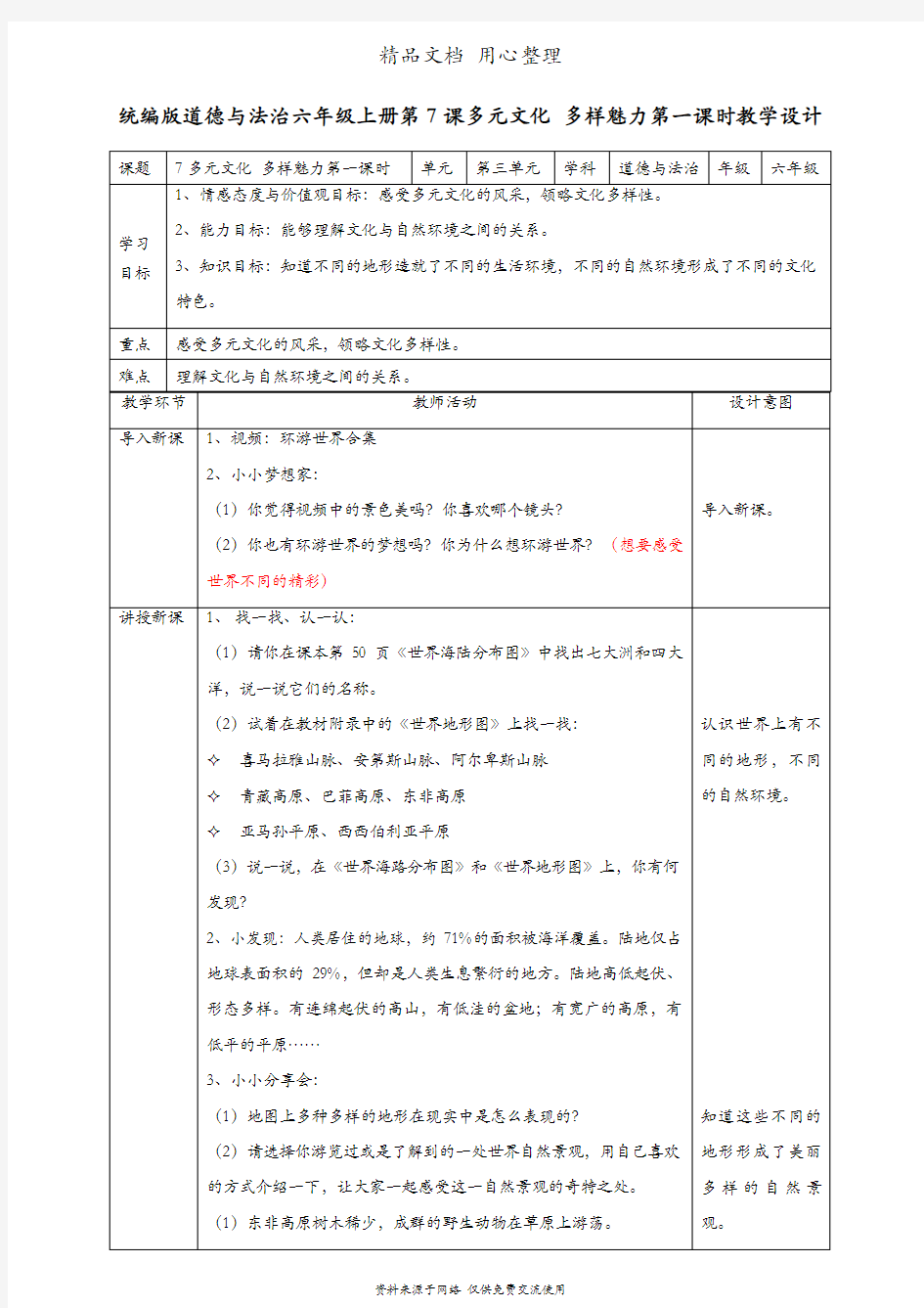 部编人教版六年级下册道德与法治 第7课 多元文化 多样魅力 教案(教学设计)
