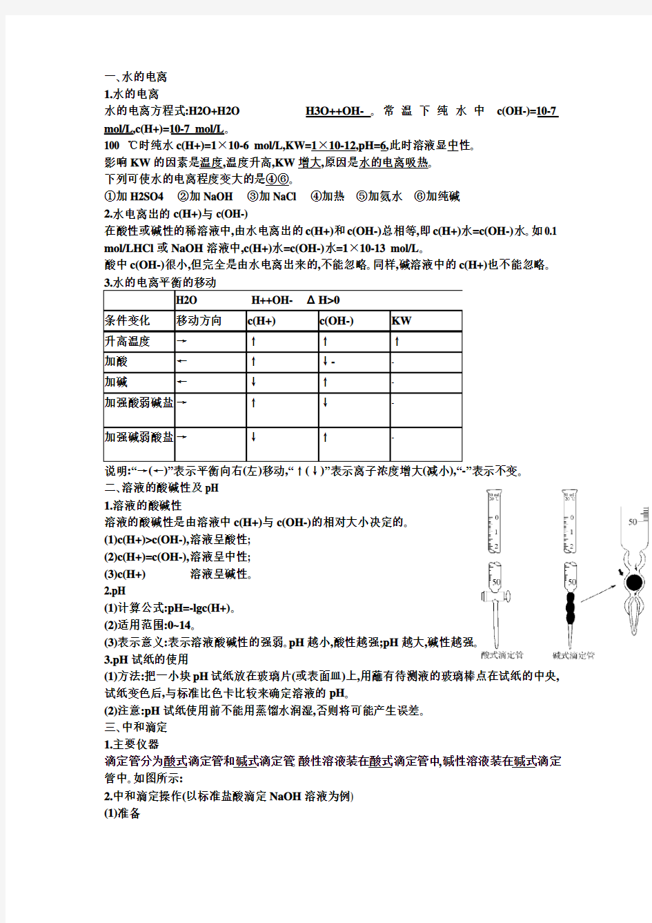 水的电离和溶液的酸碱性知识点