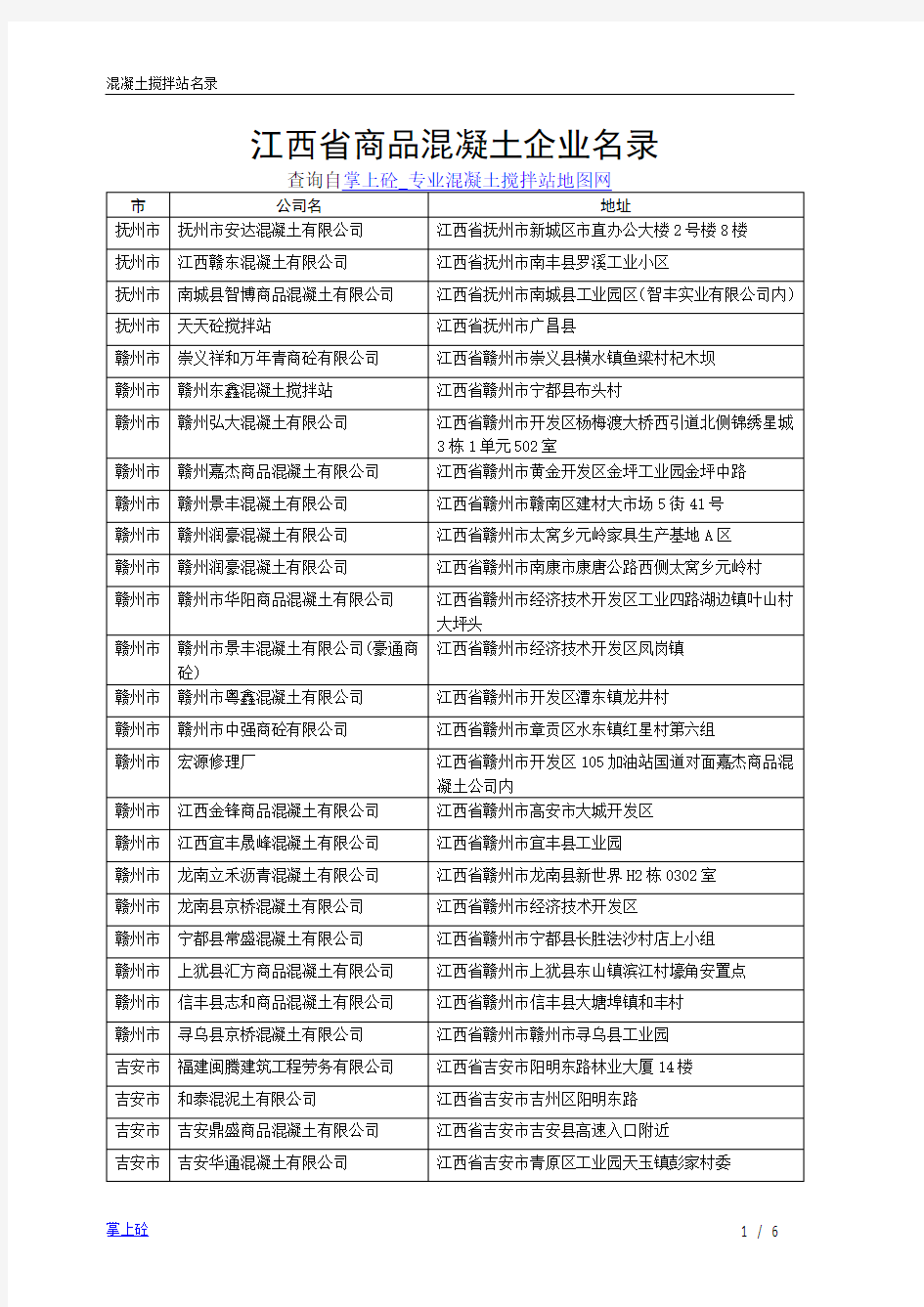 江西省商品混凝土企业名录