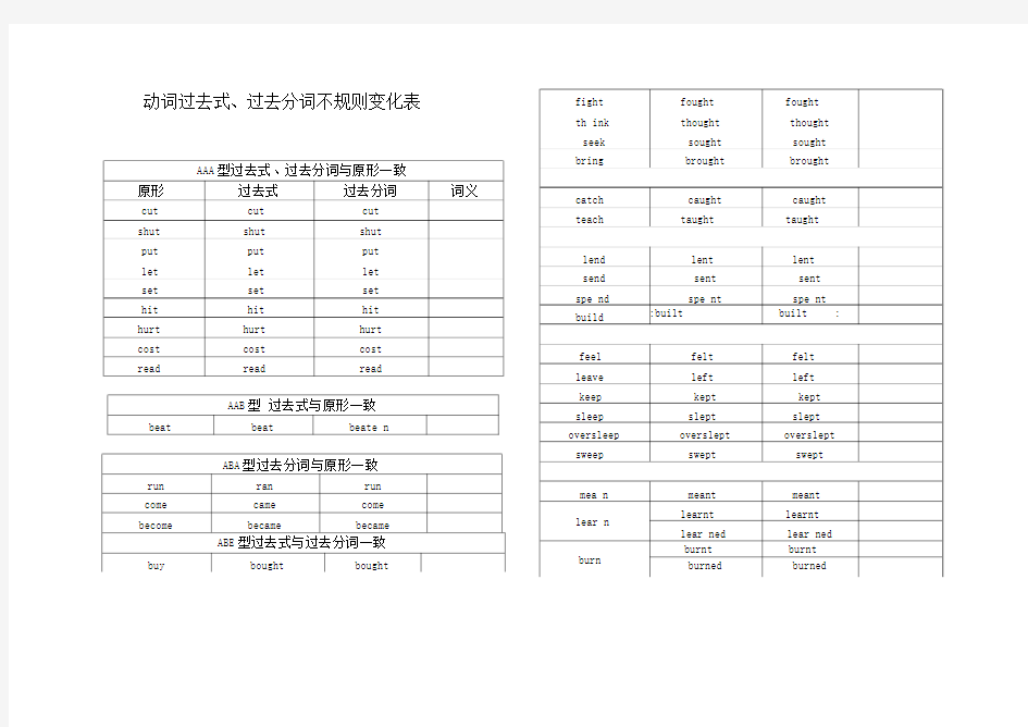 动词过去式和过去分词不规则变化表