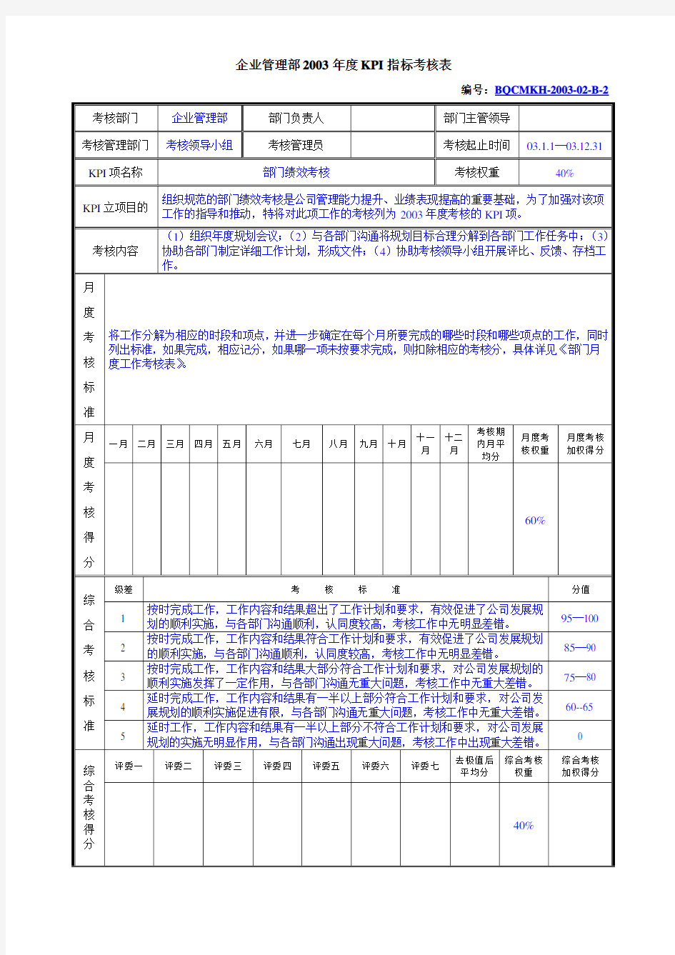 企业管理部KPI-部门绩效考核