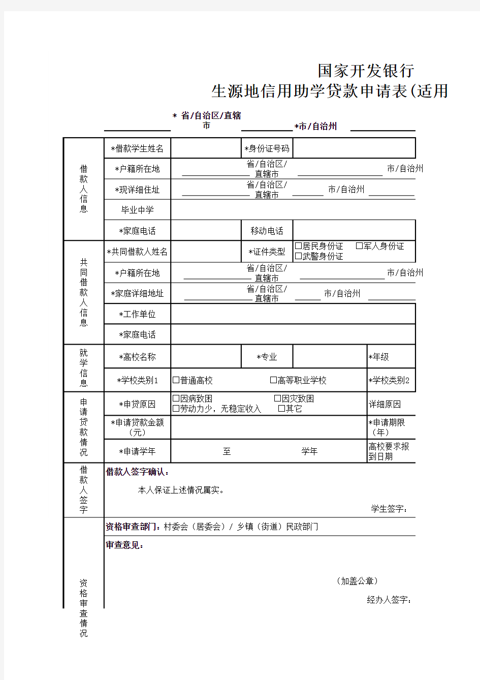 1：生源地信用助学贷款申请表