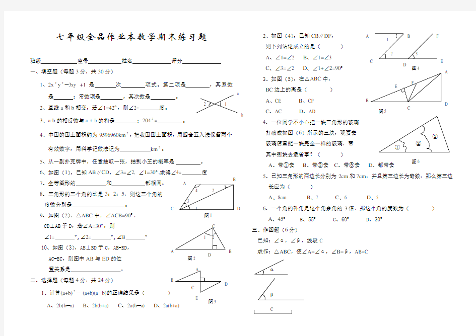 七年级全品作业本数学期末练习题