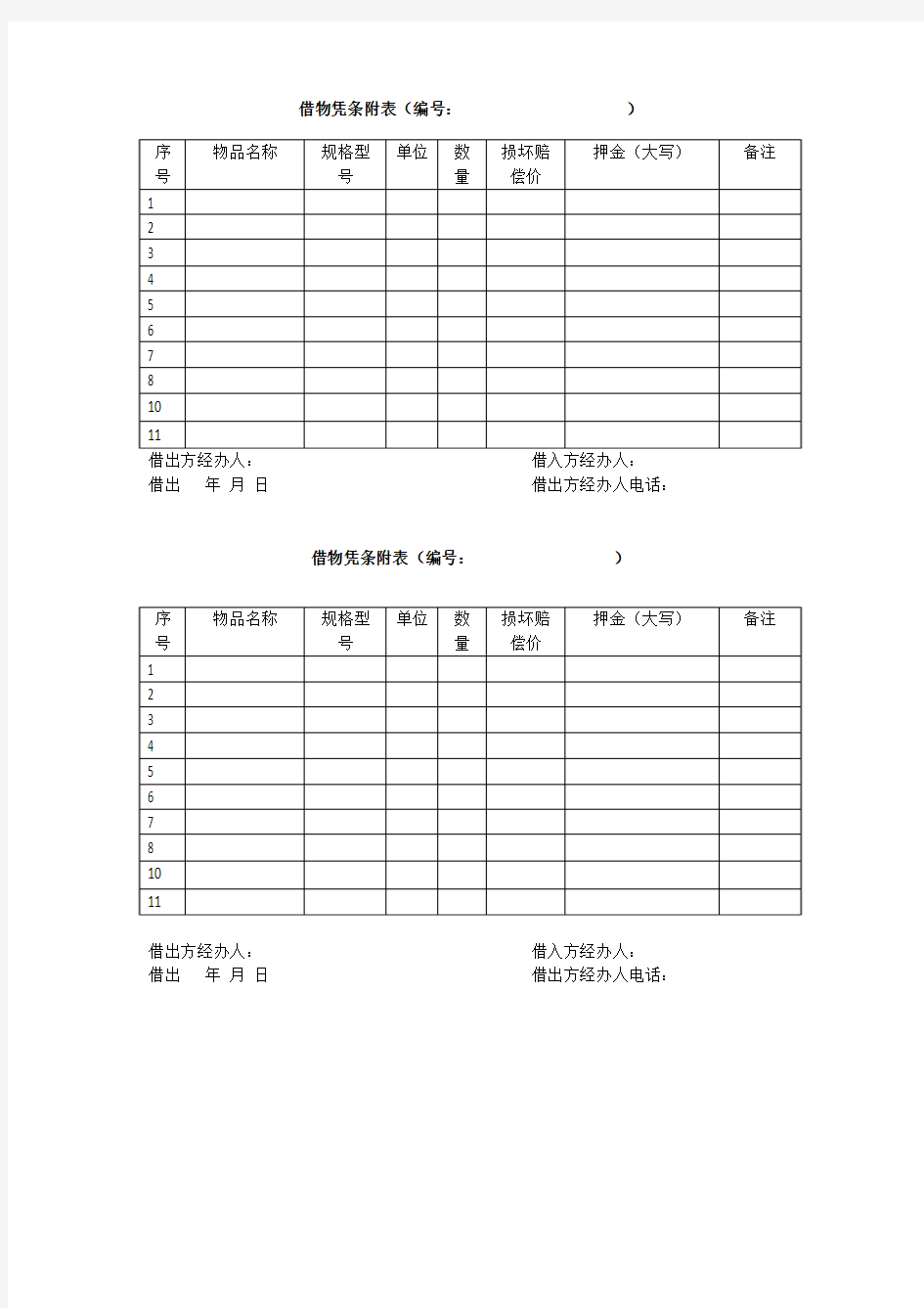 借物凭条附表