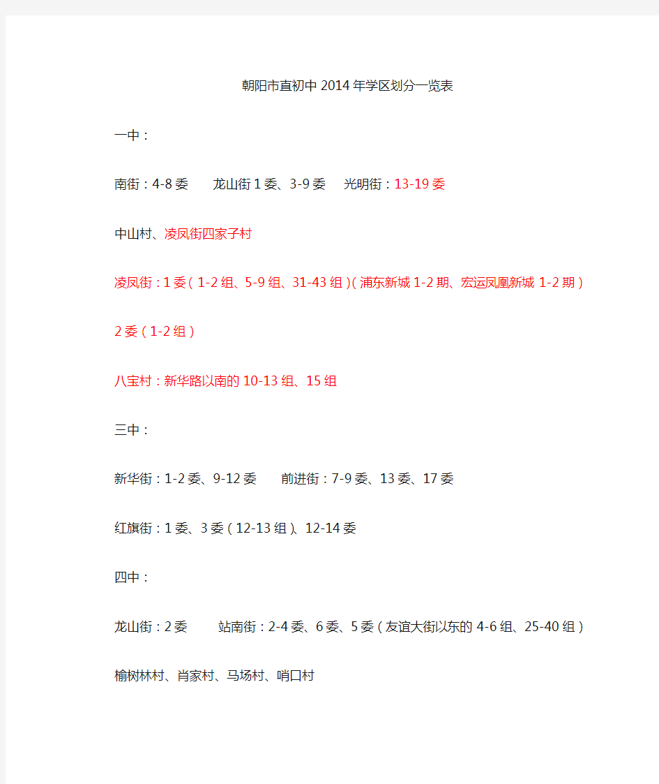 1.2014年朝阳市初中学区划分一览表