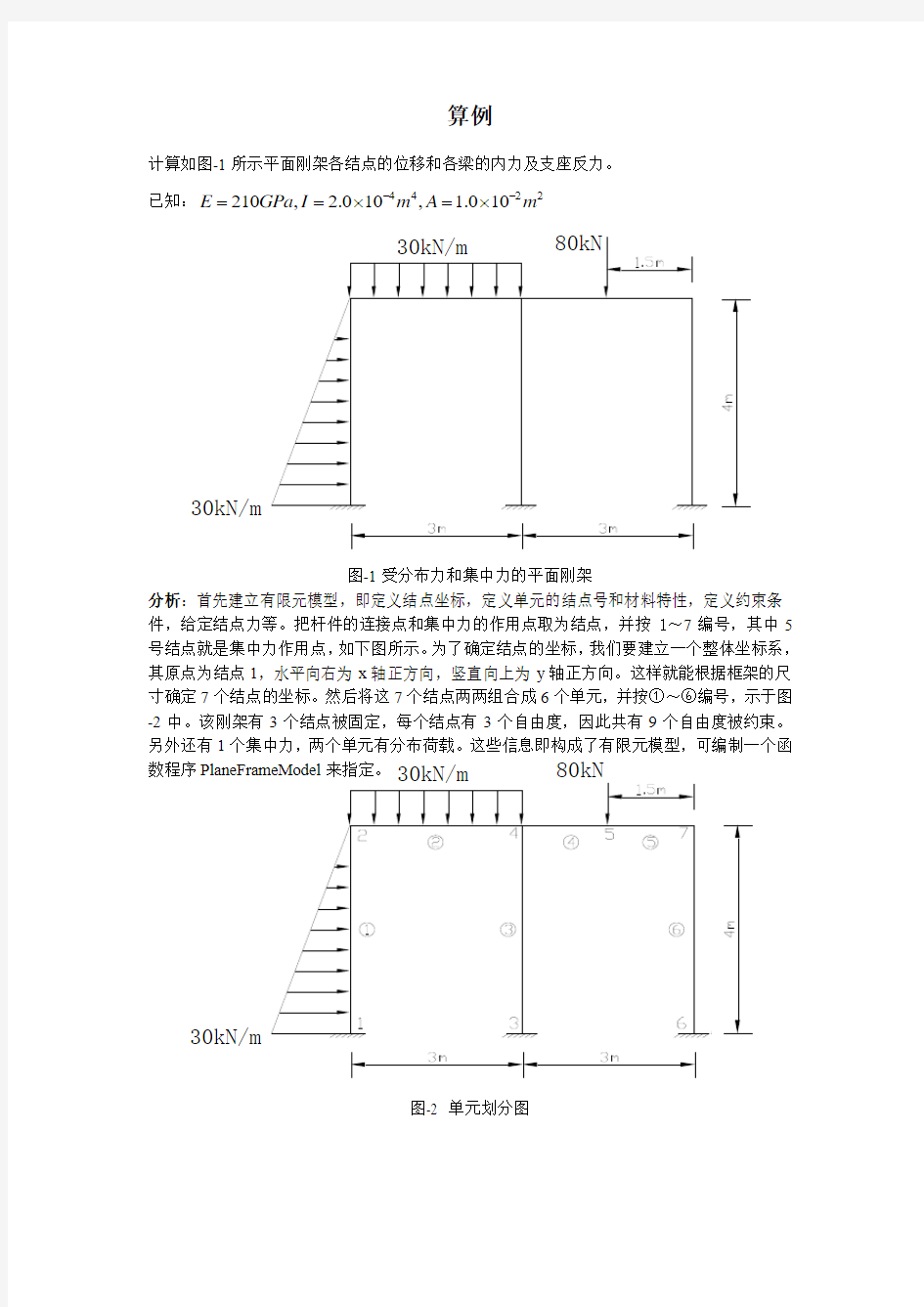 算例计算如图-1所示平面刚架各结点的位移和各梁的内力及支座反力