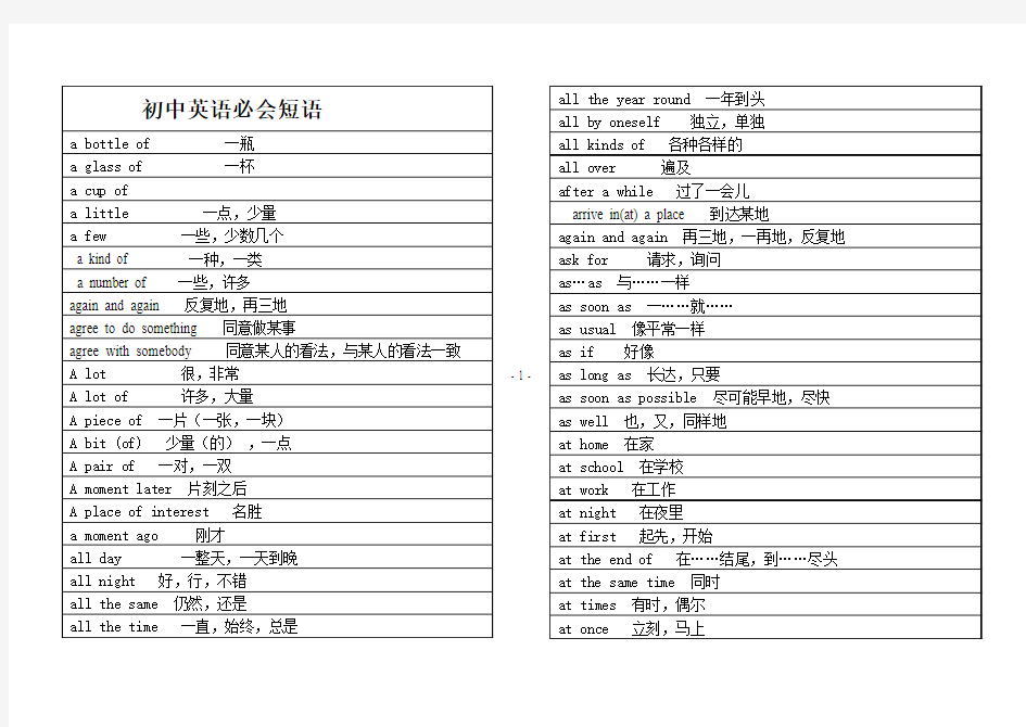 初中中考英语 必会英语短语和固定搭配