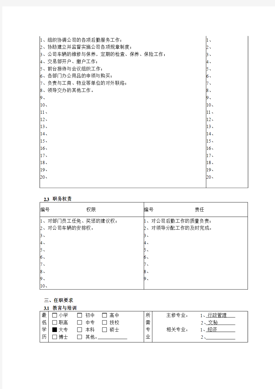 综合管理部经理职务说明书