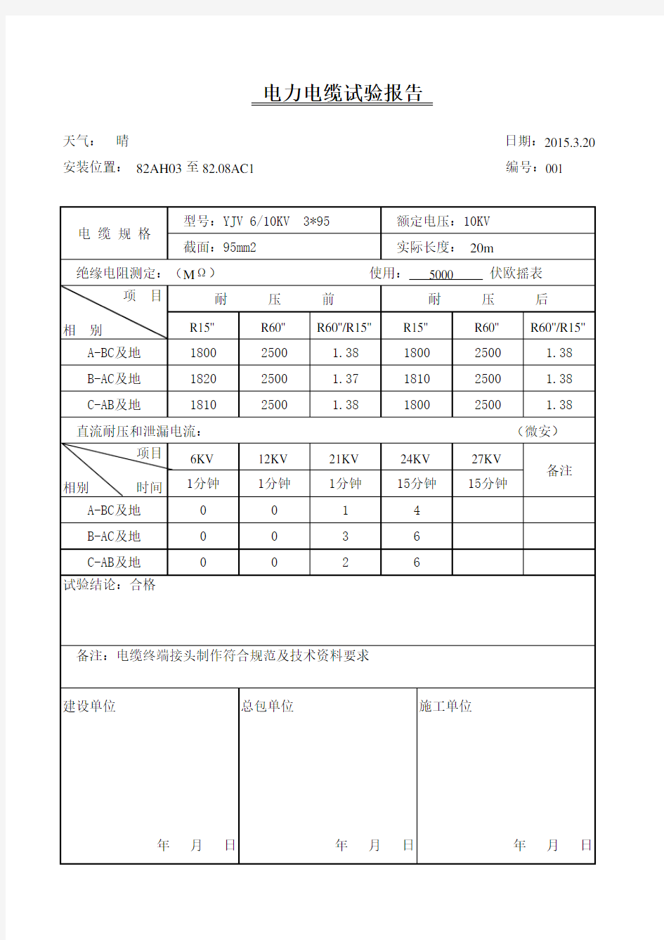 高压电力电缆试验报告