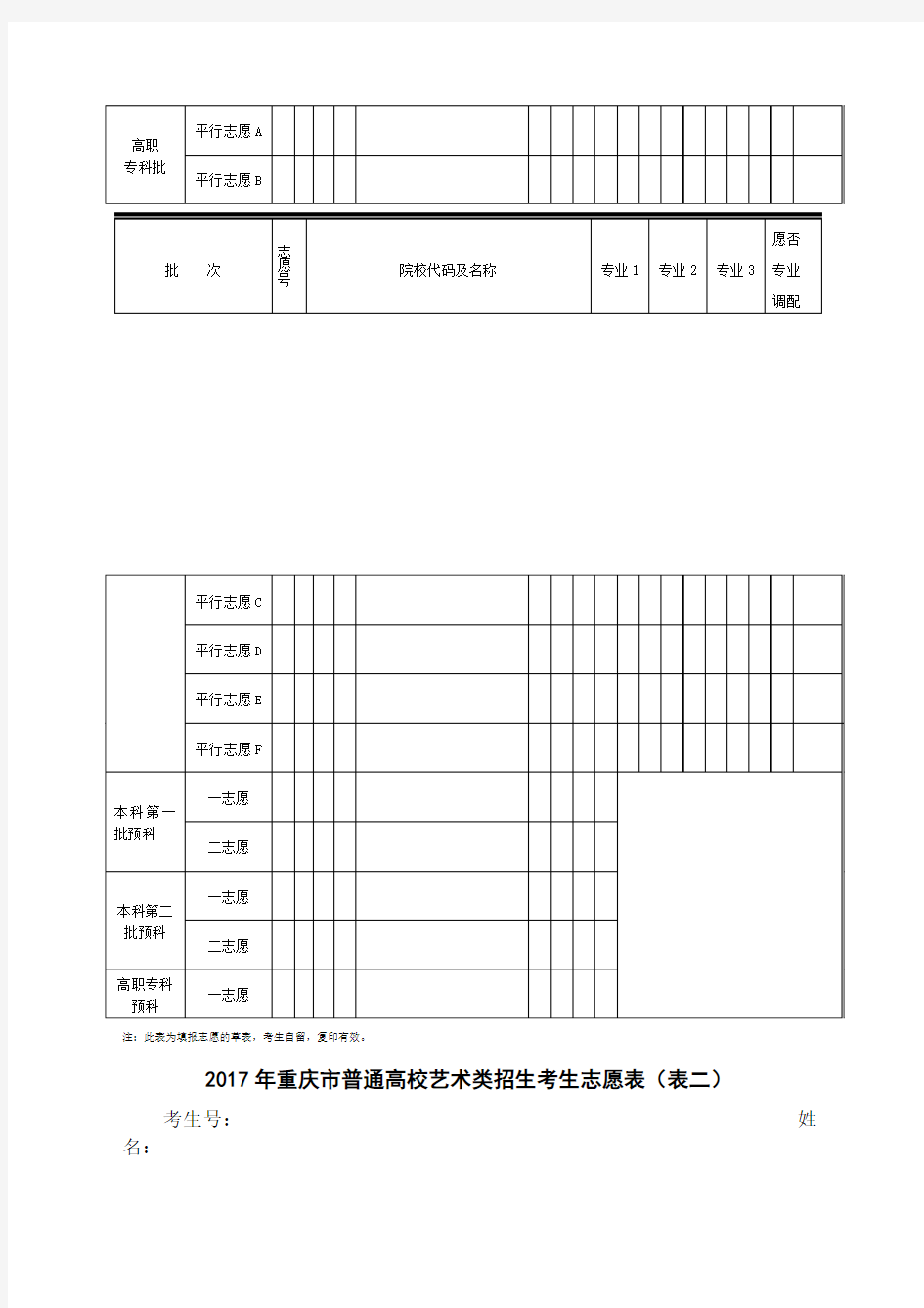重庆市普通高校招生考生志愿表样表