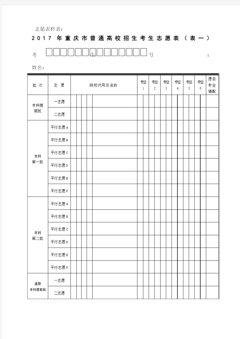 重庆市普通高校招生考生志愿表样表