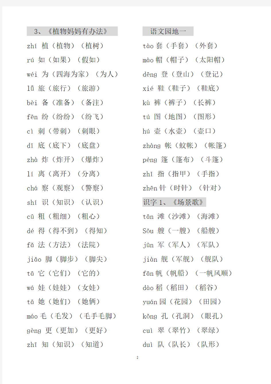 二年级语文上册生字表