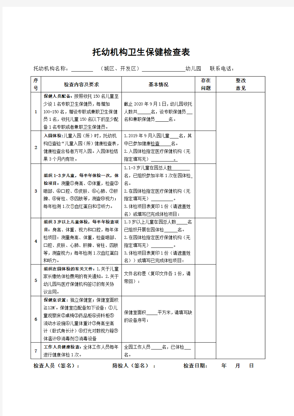 托幼机构卫生保健检查表