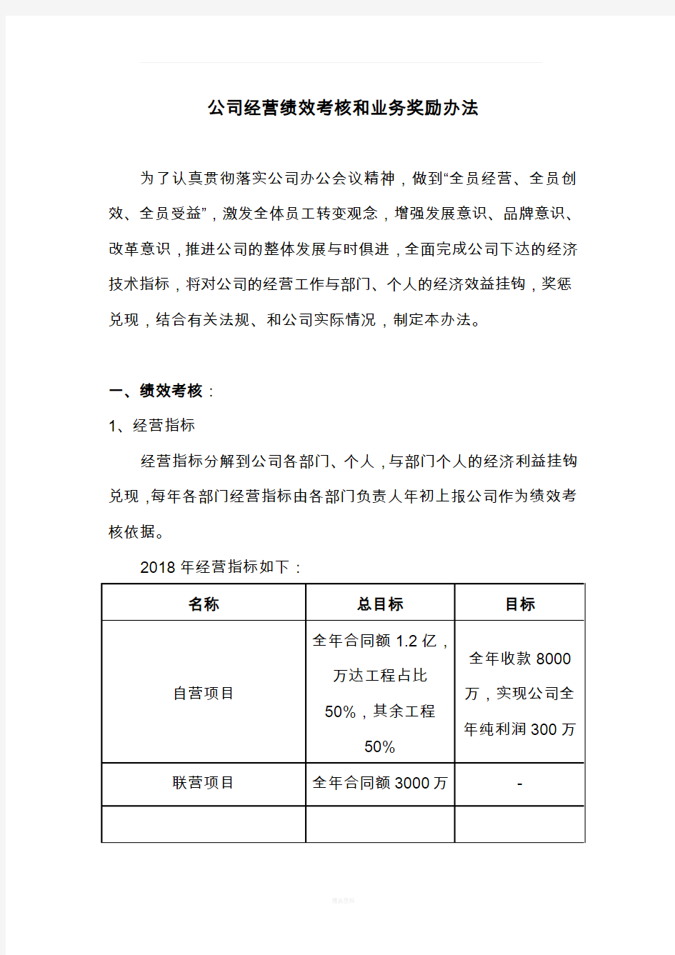 公司经营绩效考核和业务奖励办法