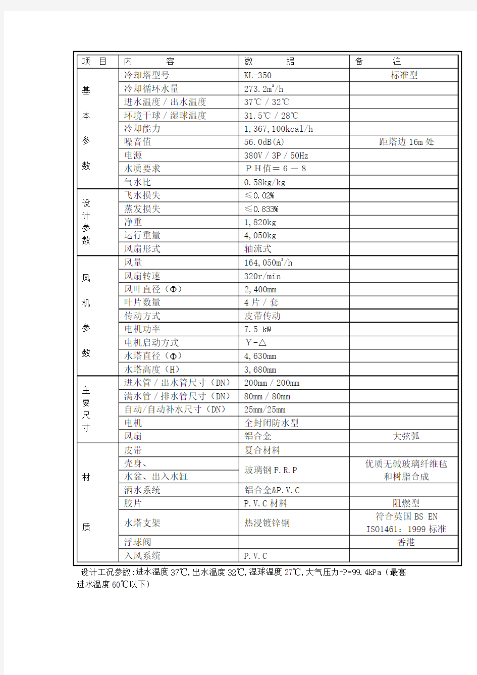 冷却水塔技术参数