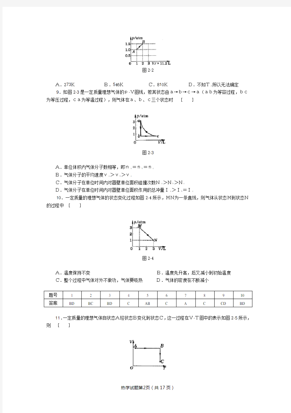 (完整版)高中物理经典题库-热学试题