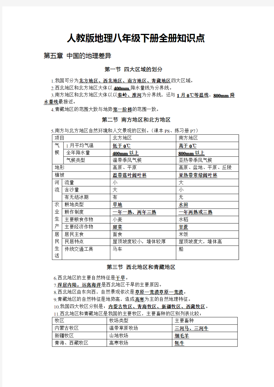 人教版地理八年级下册全册知识点学习资料