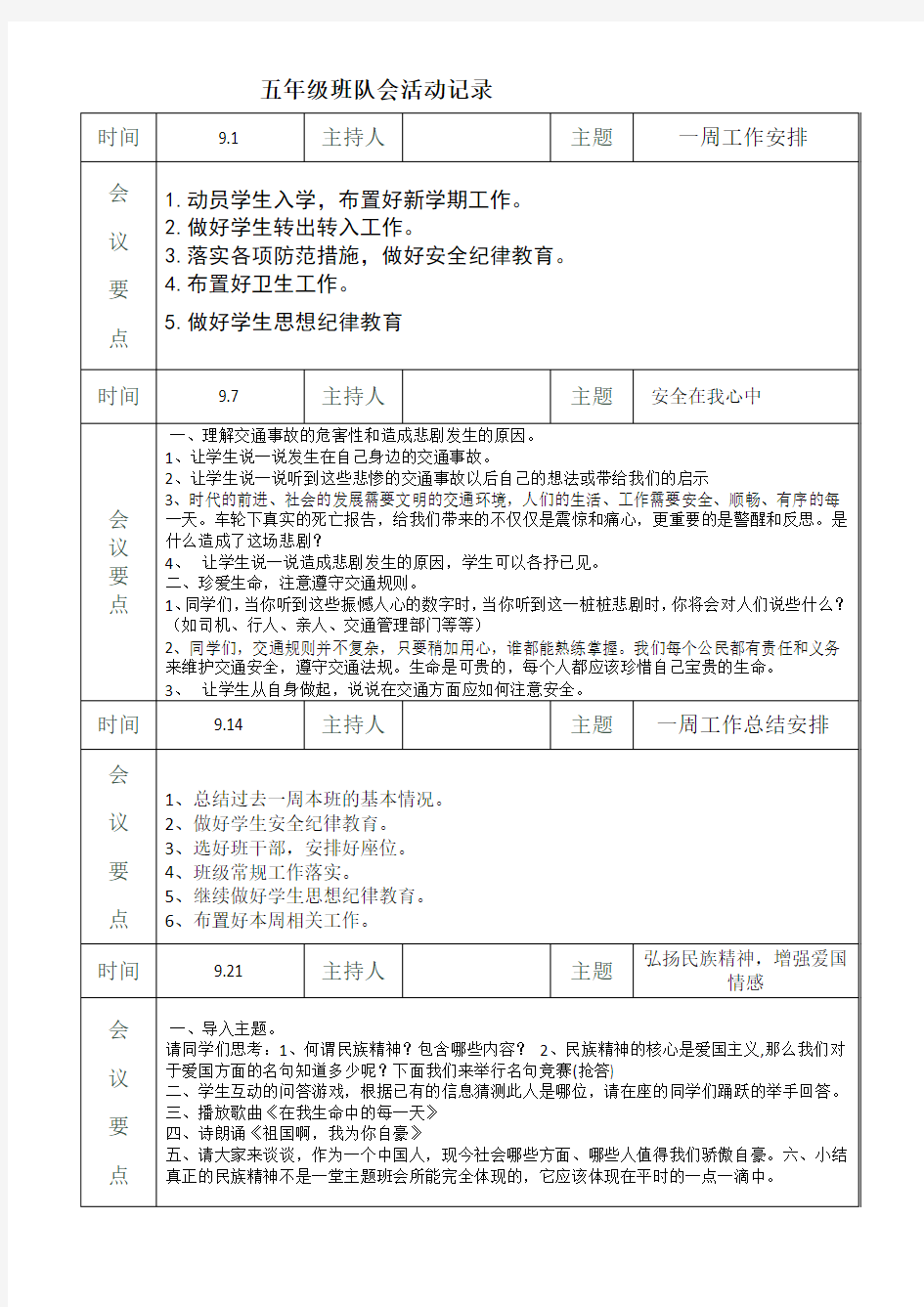 五年级班队会活动记录表