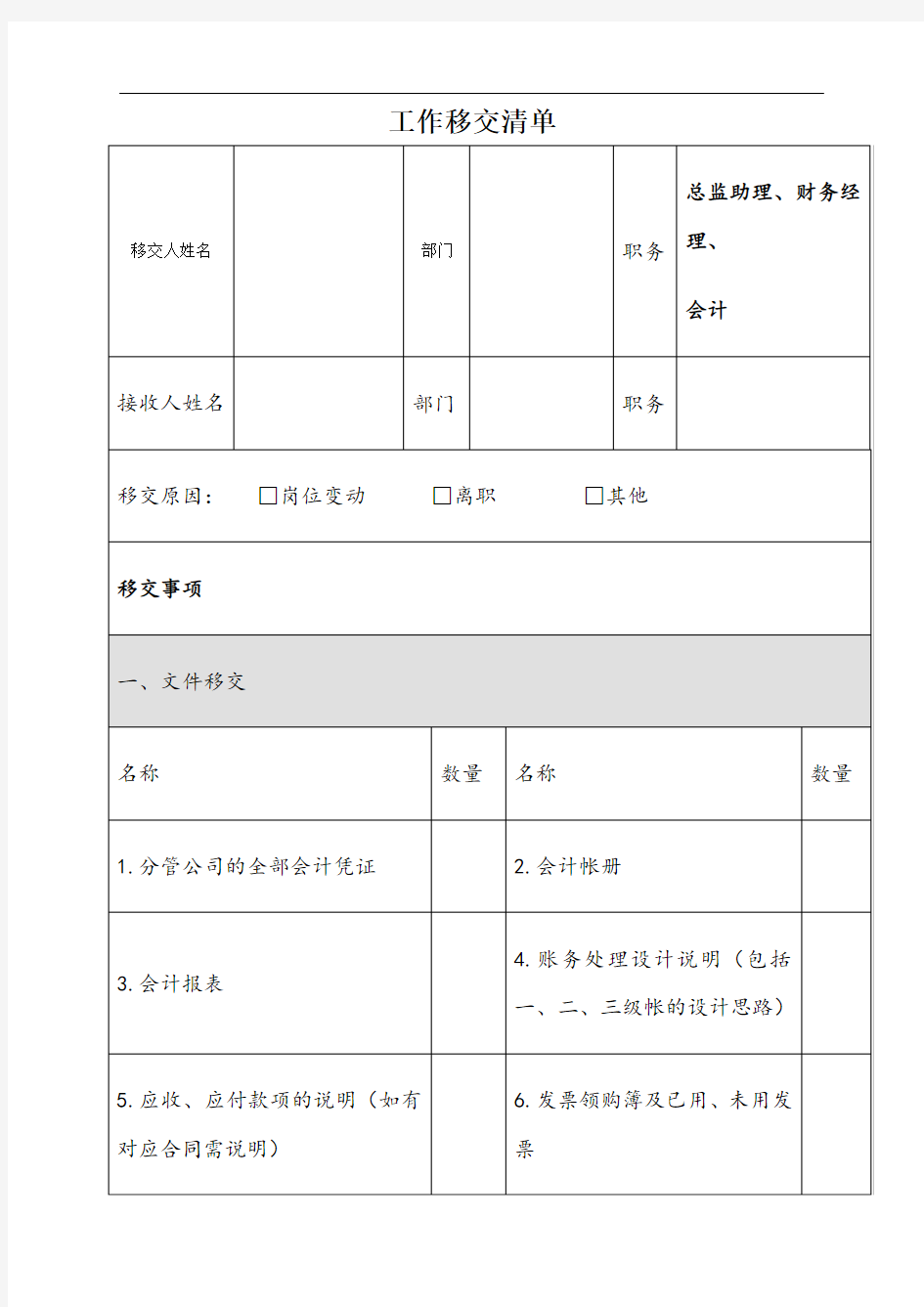 财务部工作移交表