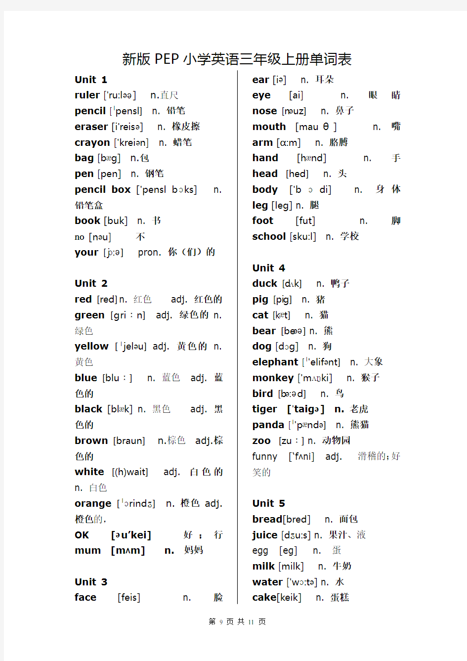 新版PEP小学英语(3-5年级)单词表