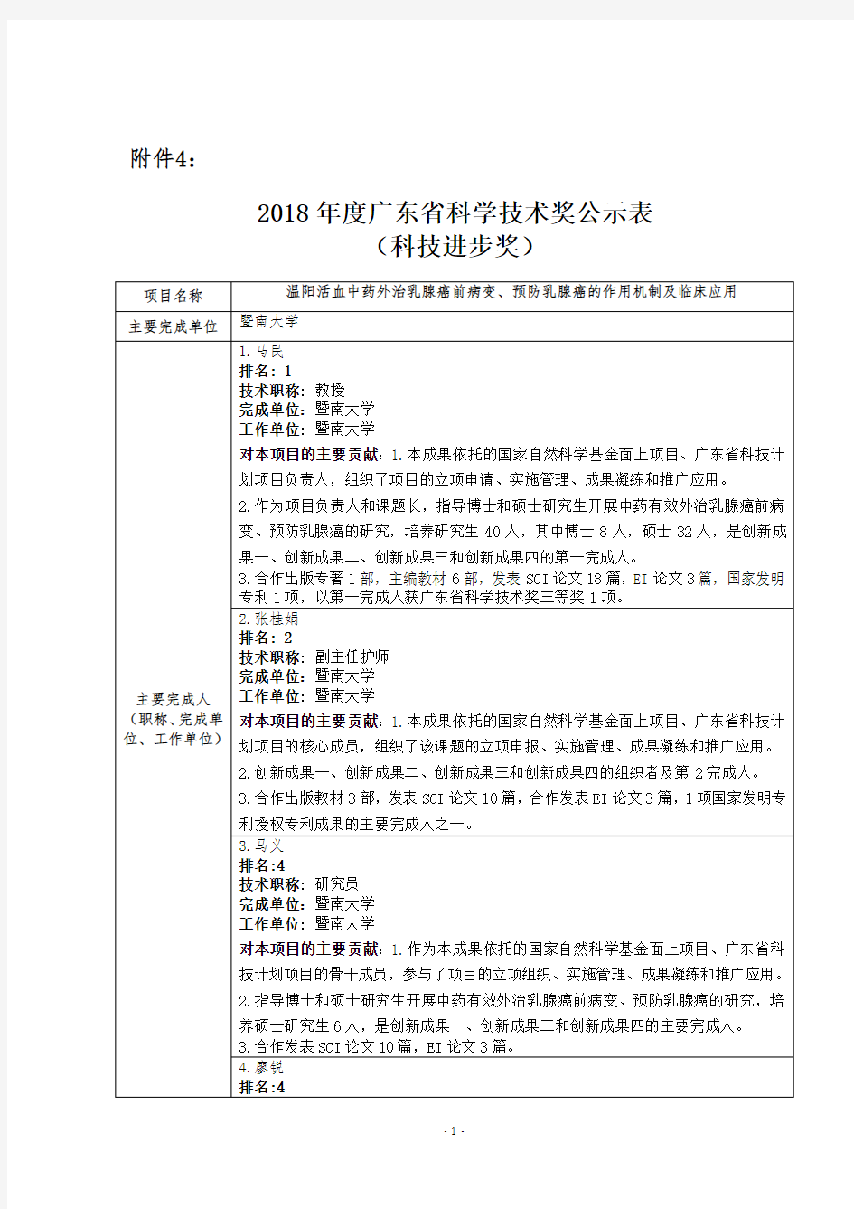 2018年度广东省科学技术奖公示表-暨南大学科技处