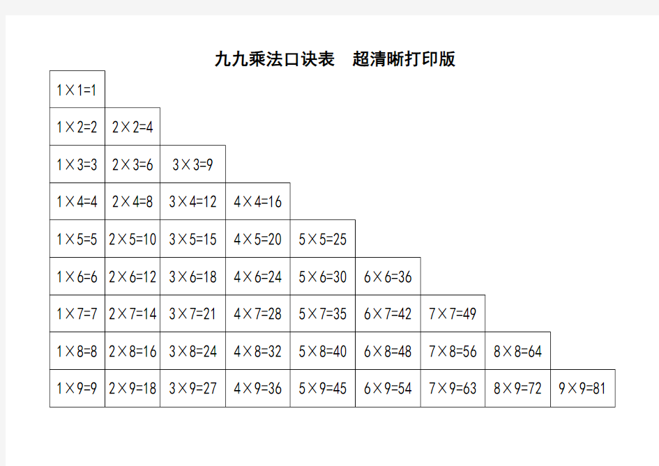 九九乘法口诀表(超清晰打印版)