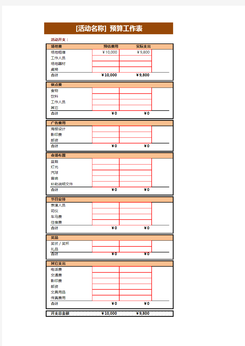 活动预算表excel模板