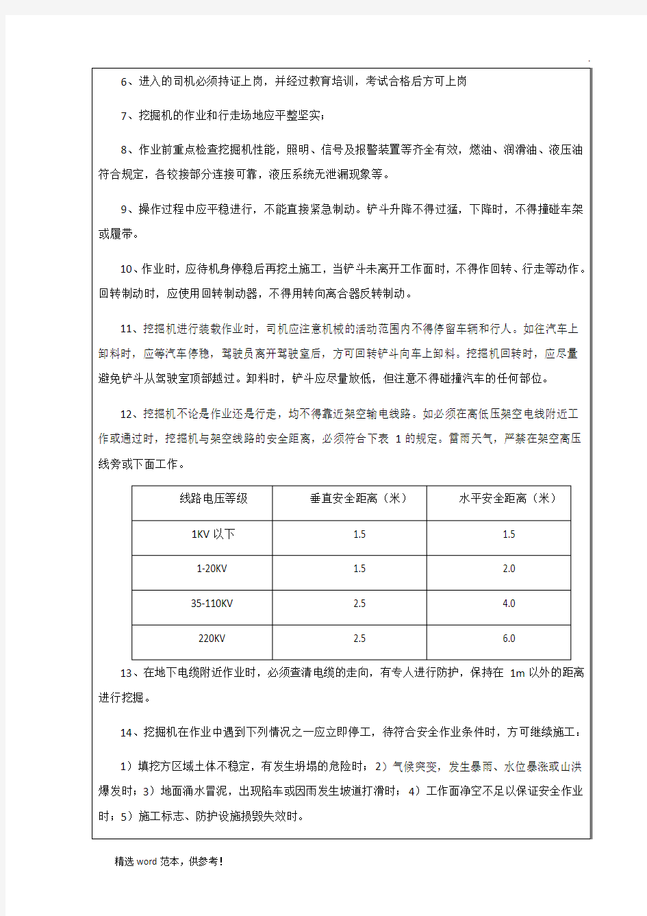 挖掘机安全技术交底最新版本