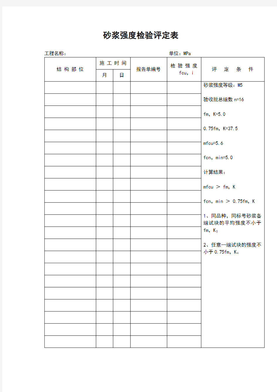 砂浆强度检验评定表