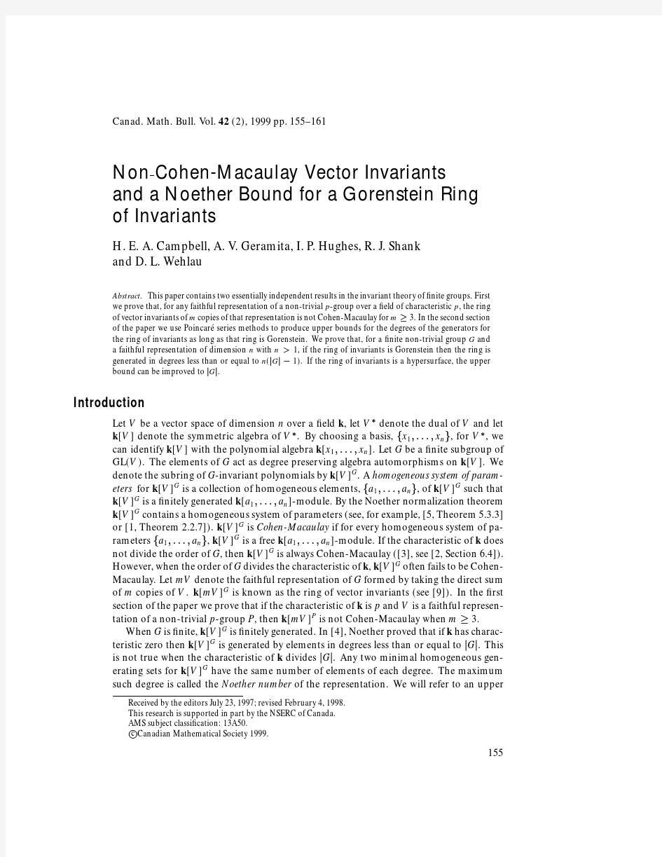 Non-CohenMacaulay Vector Invariants and a Noether Bound for a Gorenstein Ring of Invariants