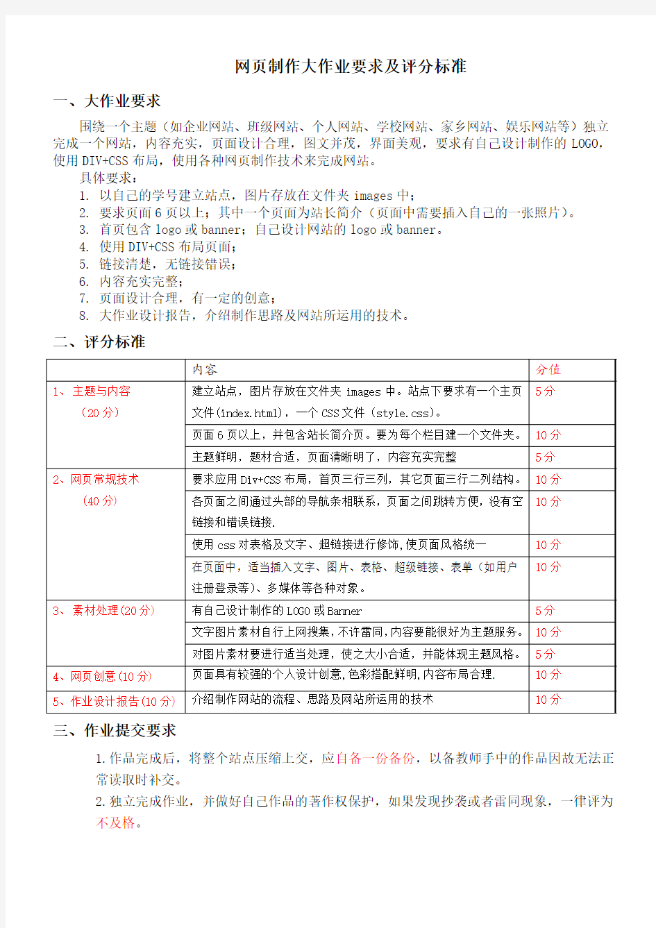 个人网页设计作业要求及评分标准