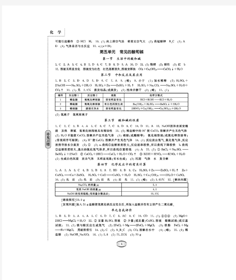 鲁教版化学九年级补充习题答案