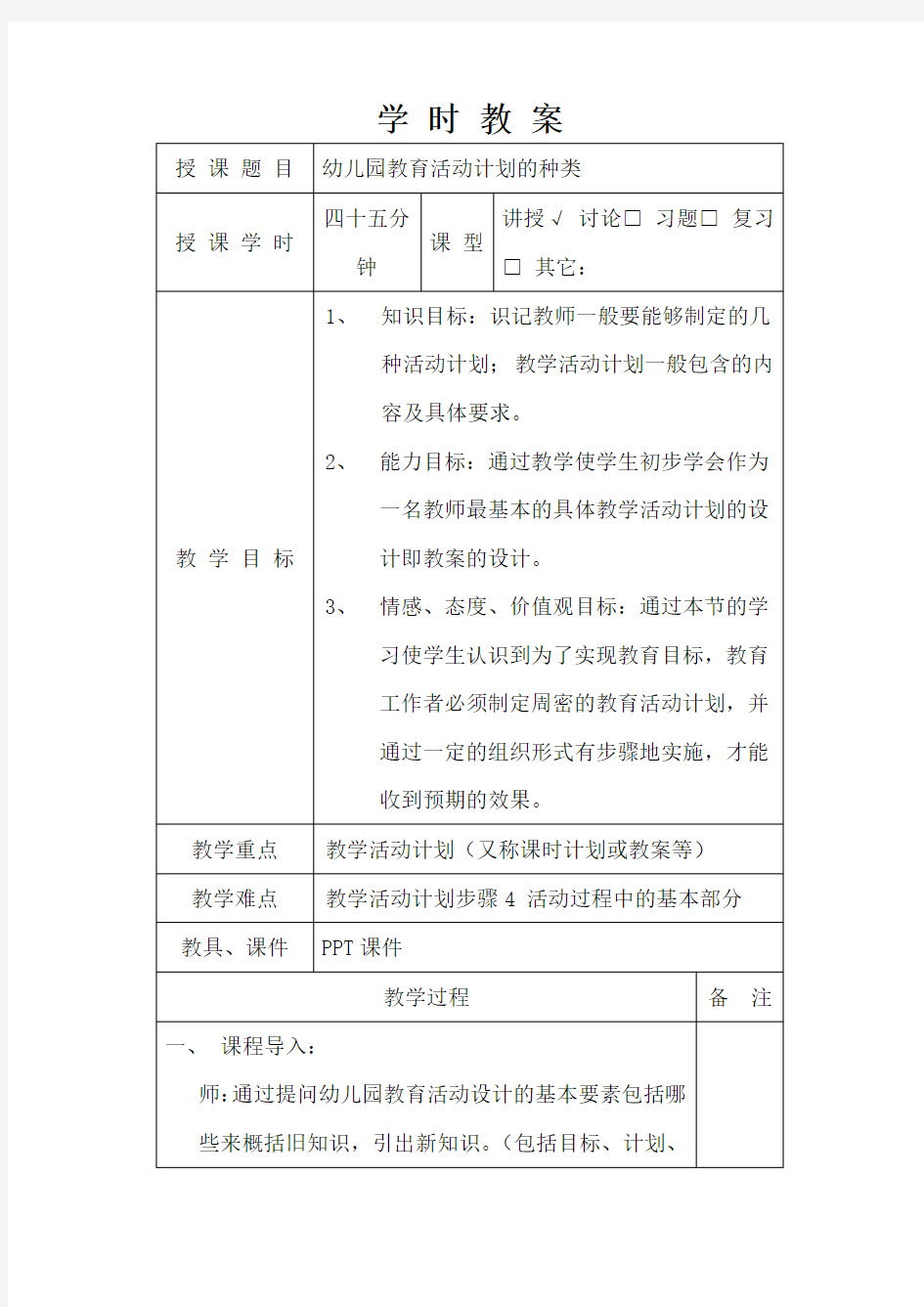 幼儿园教育活动计划的种类