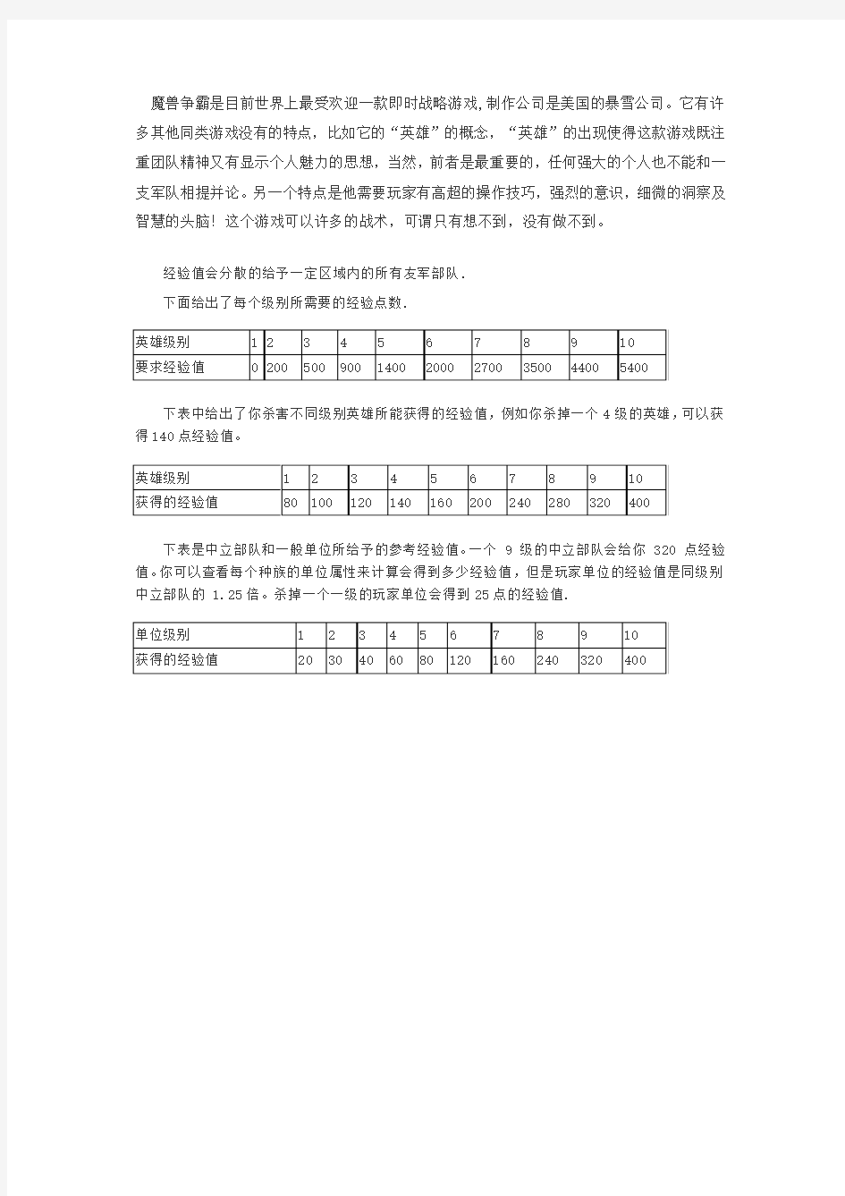 《魔兽争霸3冰封王座》英雄经验值计算方法