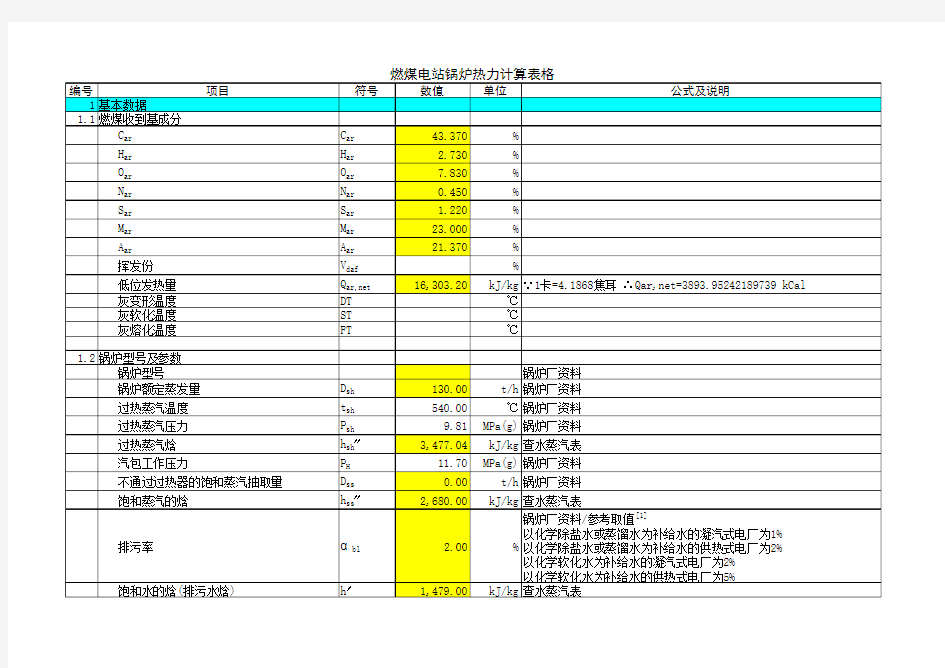 2013.9.25 燃煤电站锅炉热力计算表格