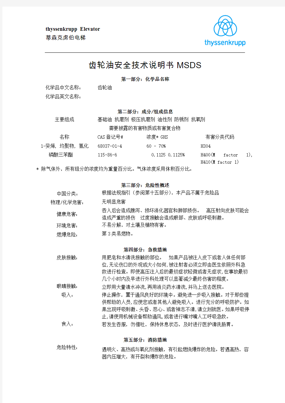 齿轮油安全技术说明书(MSDS)