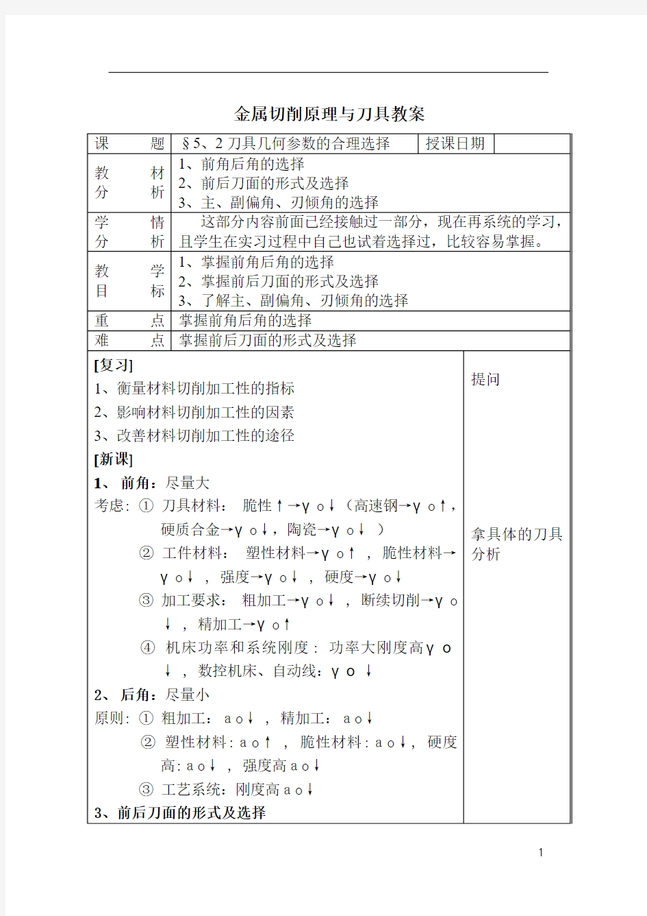 刀具几何参数的合理选择