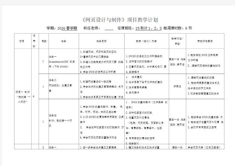 (完整版)《网页设计与制作》项目教学计划表