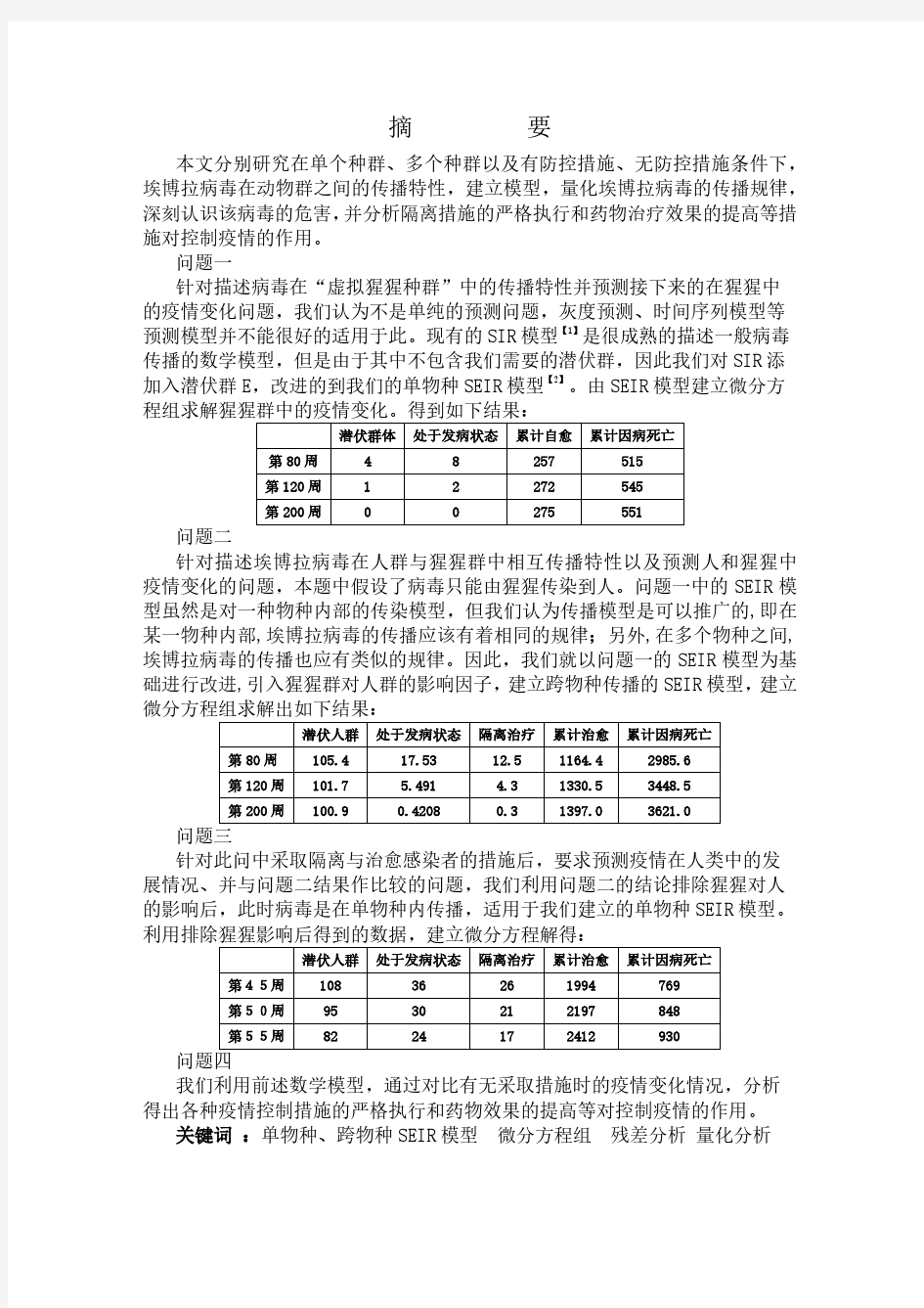 埃博拉病毒传播问题的数学模型汇编